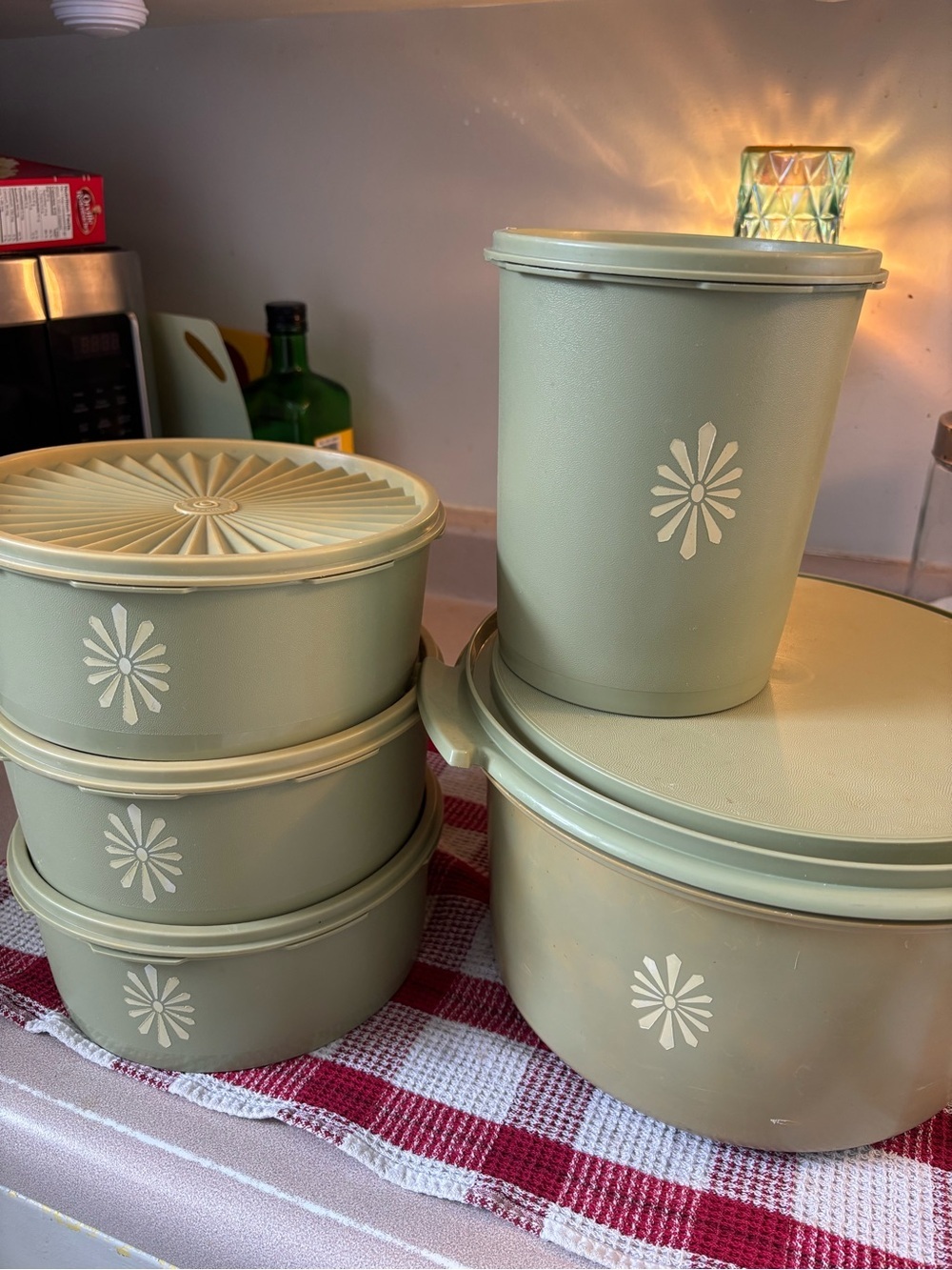 Vintage Tupperware green servalier canisters and cake holder